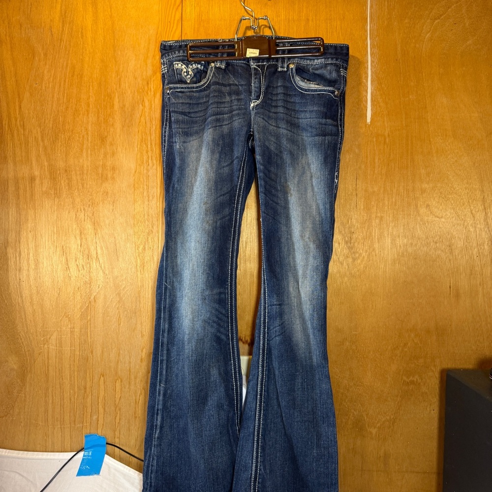 Maurices Women's Jeans 7/8 Short Blue Vintage/Y2K Distressed Flare Embellished